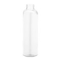 A drink bottle made of clear glass with a simple, cylindrical shape and a narrow neck.