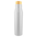 A drink bottle in a matte grey finish with a bamboo lid. It features a sleek, modern design and has a logo.