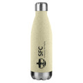 A drink bottle in light beige with a stainless steel cap and a logo printed on the front.