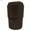A drink bottle in brown with a ribbed exterior and a logo on its surface. Reusable coffee cup design.