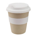 A reusable coffee cup in natural brown with a white band and lid, ideal for eco-friendly beverages.