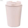 A reusable coffee cup in a light pink colour, made from bamboo, featuring a lid and a logo.