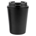 A reusable coffee cup in matte black featuring a lid with a drinking opening. It has a logo.