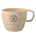 A reusable coffee cup made from wheat straw, featuring a beige colour and a handle, with a logo on the front.