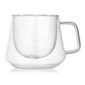 A drink cup with a transparent design, featuring a unique shape and a sturdy handle. Includes branding.