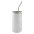 A frosted glass tumbler with a bamboo lid and stainless steel straw, designed for beverages.