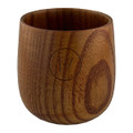 A wooden coffee cup in a warm brown tone, featuring a circular logo on the side.
