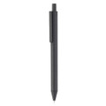 A black plastic pen with a clip and a smooth barrel. It features a logo on its surface.