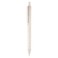 A white eco-friendly plastic pen with a clip. The pen has a textured finish and features a branding logo.