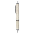 A eco-friendly pen in a cream colour with a textured grip and metal accents, featuring a branding logo.