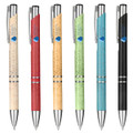 A selection of six eco-friendly pens in various colours: red, beige, green, blue, and black, with branding on each.