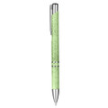 A green eco-friendly pen with a silver clip and accents, featuring a textured design. It has a logo on the barrel.