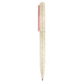 A beige eco-friendly pen with a pink clip, featuring a logo on the side.