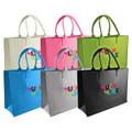 Avenue Felt Shopper tote bags in white, pink, green, grey, and black, each featuring a logo.