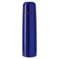 A drink bottle in shiny blue with a sleek, cylindrical design and a black band near the top. It features a logo.