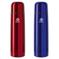 A drink bottle duo featuring a glossy red and a glossy blue finish, both with a logo.