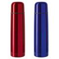 A drink bottle set featuring a red and a blue stainless steel thermos, both with a sleek design and a logo.