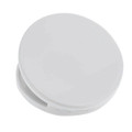 A round white fridge magnet clip with a glossy finish and a simple design. It features a logo on the surface.