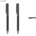 A sleek black metal pen with a carbon fibre grip and a clip, featuring a logo.