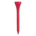 A red golf tee with a tapered design, featuring a rounded top. It has a logo on the side.