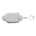 A white golf accessory with multiple spikes and a clip for attachment. It features a logo on its surface.