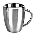 A drink bottle in a sleek, stainless steel design with a curved shape and a handle. Features a logo.