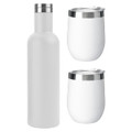 A drink bottle and two white insulated cups with silver lids, featuring a sleek, modern design.