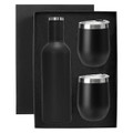A drink bottle and two matching cups in sleek black packaging, featuring a metallic finish on the lids.