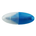 A mini highlighter with a blue translucent body and a clear tip. It features a logo on its surface.