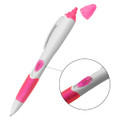 A highlighter pen in pink and white, featuring a retractable tip and a branding logo on the side.