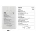 A clear 20ml hand sanitiser spray card with a white liquid inside, featuring a logo and detailed product information on the back.