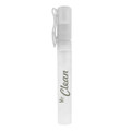 A clear 10ml hand sanitiser spray stick with a white cap, featuring a logo.