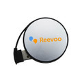 A silver USB hub with a retractable design and a branded logo in orange and blue.