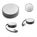 A round black and silver USB hub with two USB ports and an integrated cable for connection.