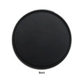 A black round USB hub with a smooth surface, featuring a logo on the back.
