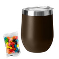 A dark brown coffee cup with a stainless steel lid alongside a packet of colourful jelly beans.