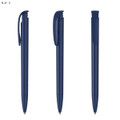 A set of blue plastic pens with a sleek design and a clip for easy attachment. Features a logo on the pen.