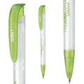 A plastic pen featuring a transparent body and a vibrant green cap, with branding on the side.