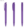 A set of three transparent purple plastic pens with clips and retractable tips, featuring branding.