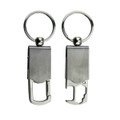 A drink bottle opener key ring in silver with a sleek design, featuring a built-in bottle opener and keyring attachment.