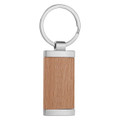 A wooden panel key ring with a silver metal frame and key attachment, featuring a natural wood finish.