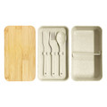 A wheat straw lunch box pack in beige with a bamboo lid and included utensils: fork, knife, and spoon.
