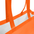 An orange laminated non-woven tote bag with large gusset and sturdy handles. Features a white interior and logo.