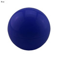 A blue lip balm ball with a shiny, rounded exterior and a branding logo on the surface.