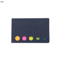 A blue sticky note pad with five round sticky flags in orange, pink, yellow, green, and blue, featuring a logo.