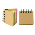 A notepad with spiral binding, featuring multiple colourful pages in shades of pink, blue, and green, with a brown cover.