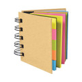 A notepad with a natural brown cover and brightly coloured pages, featuring a spiral binding and tabs.