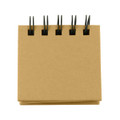 A notepad with a brown cardboard cover and black spiral binding at the top. It has a simplistic design with no text.