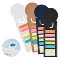 Four bookmark ruler sticky note pads in white, brown, navy, and black, featuring various coloured sticky notes. One pad has a logo.