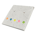 A sticky note pad in a speckled white case with five vibrant tabs in orange, blue, pink, yellow, and green.